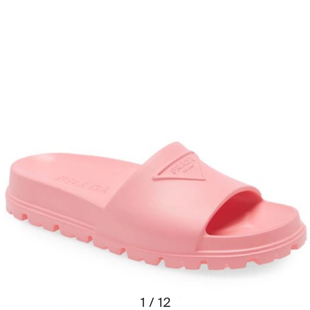 Prada Logo Slide Sandal; Rubber Pool Slide; Begonia Pink 39/9